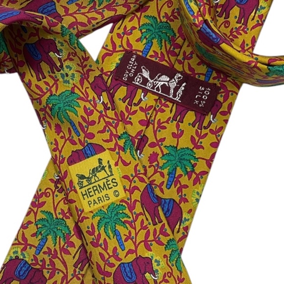 HERMÈS 7183 UA Mustard Elephant Palm Floral Silk LUXURY Tie FRANCE - Picture 4 of 5